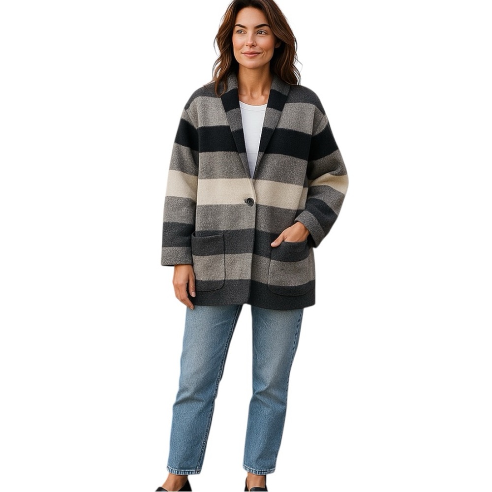 Aritzia Wilfred Free‎ Off Duty Wool Blend Gray Stripe Sweater Jacket Size S